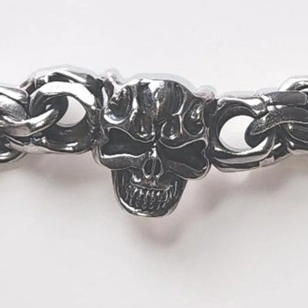 Silver 925 Skull Link Bracelet Mens Gothic Biker Heavy Chain 9 Inch